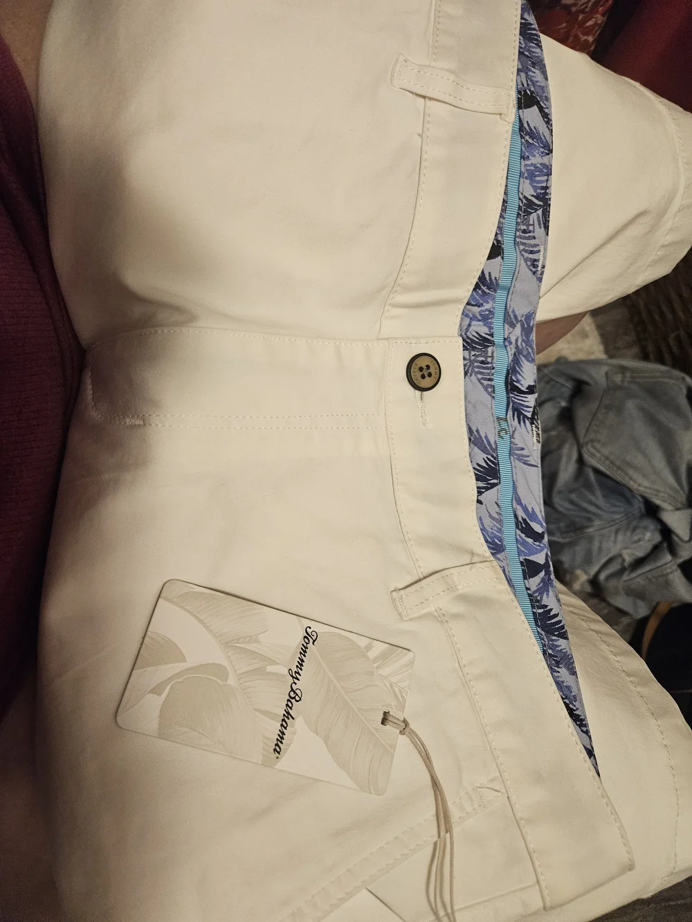 Tommy Bahama Cream Tote with Blue Patterned Trim and Aqua Ribbon